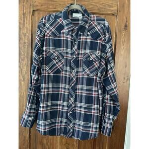 Men’s Wrangler Navy Blue Red White Flannel Plaid Pearl Snaps Pockets Shirt XL